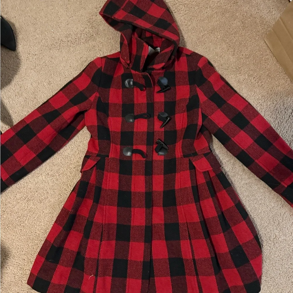 Red and Black Plaid Toggle Coat - Picture 2 of 2